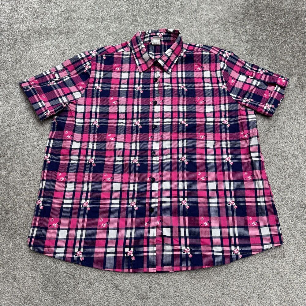 Adrian Delafield Button Down Shirt Womens XL Pink Blue Plaid Short Sleeve NWOT
